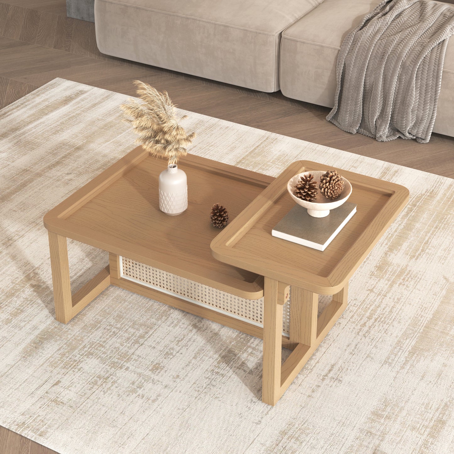 Modern 2 - Piece Nesting Coffee Table Set: Rattan Wood and MDF