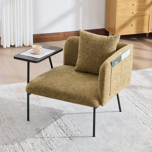Lounge Relaxing Chair with Small Table and Back Pillow | Modern Upholstered Chair, Metal Legs, Side Pockets – 6 Colors