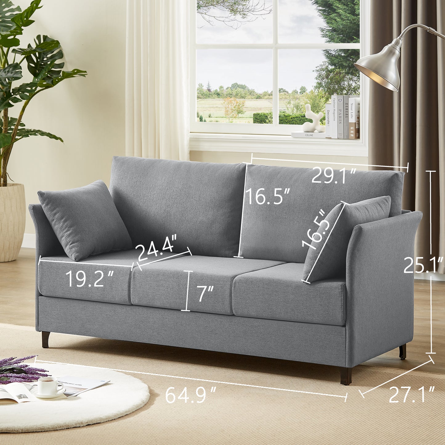 Linen - Upholstered 3 - Seater Modern Sofa: Detachable, Metal Frame for Various Spaces