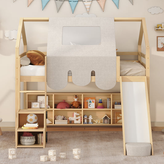 Wooden Loft Bed with House - Shaped Frame and Tent: Ideal for Kids' Rooms
