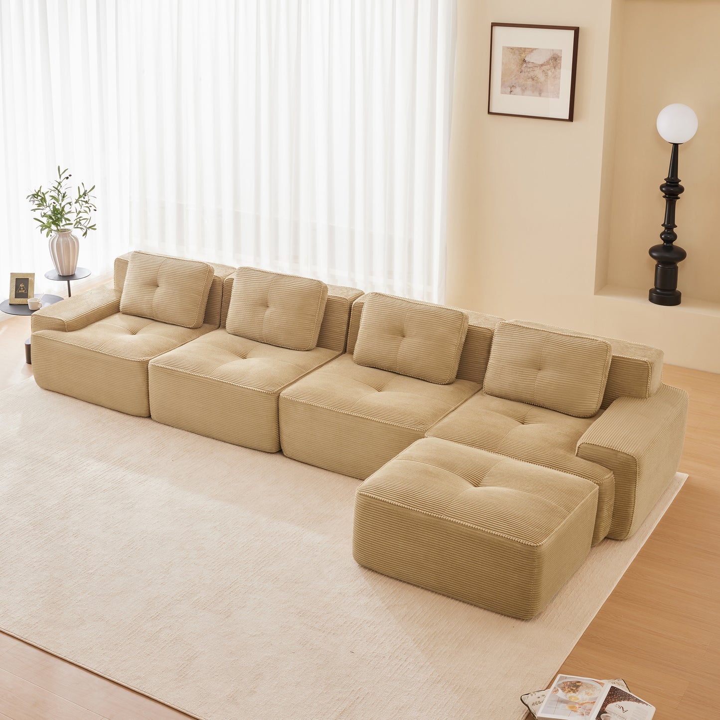 Modular Sectional Sofa for Living Room, Corduroy Fabric Deep Seat and Movable Ottoman, Pearl-like piping, Tufted Design, No Assembly