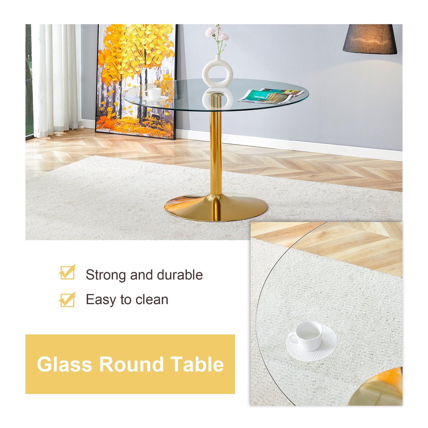 Modern Minimalist Round Dining Table - Gold Metal Legs, Diameter Glass Top for Multiple Rooms