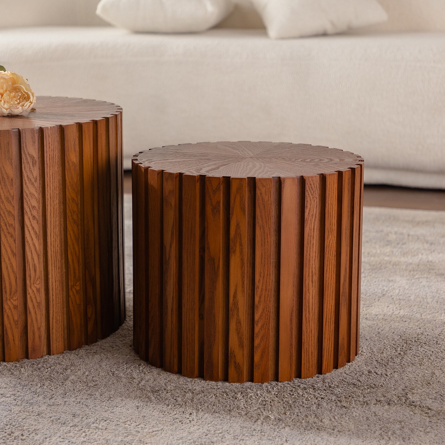 Round Wood Coffee Table for Living Room for Small Space Apartment and No Need Assembly