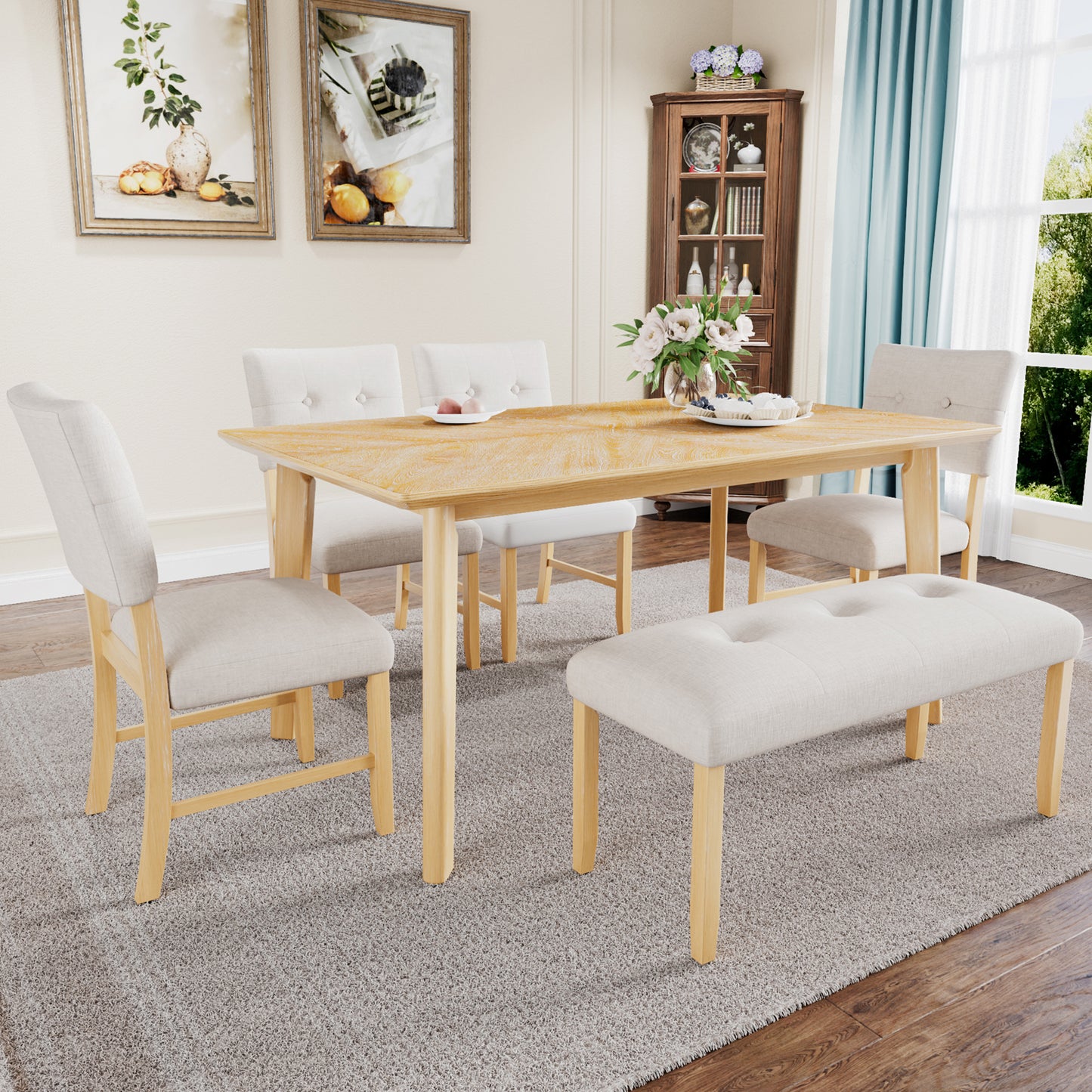 Dining Room Table Set, Rustic Farmhouse Dining Room Rectangular Table with 4 Upholstered Chairs and Bench, Solid Wood Kitchen Dining Table Set for 6 Persons