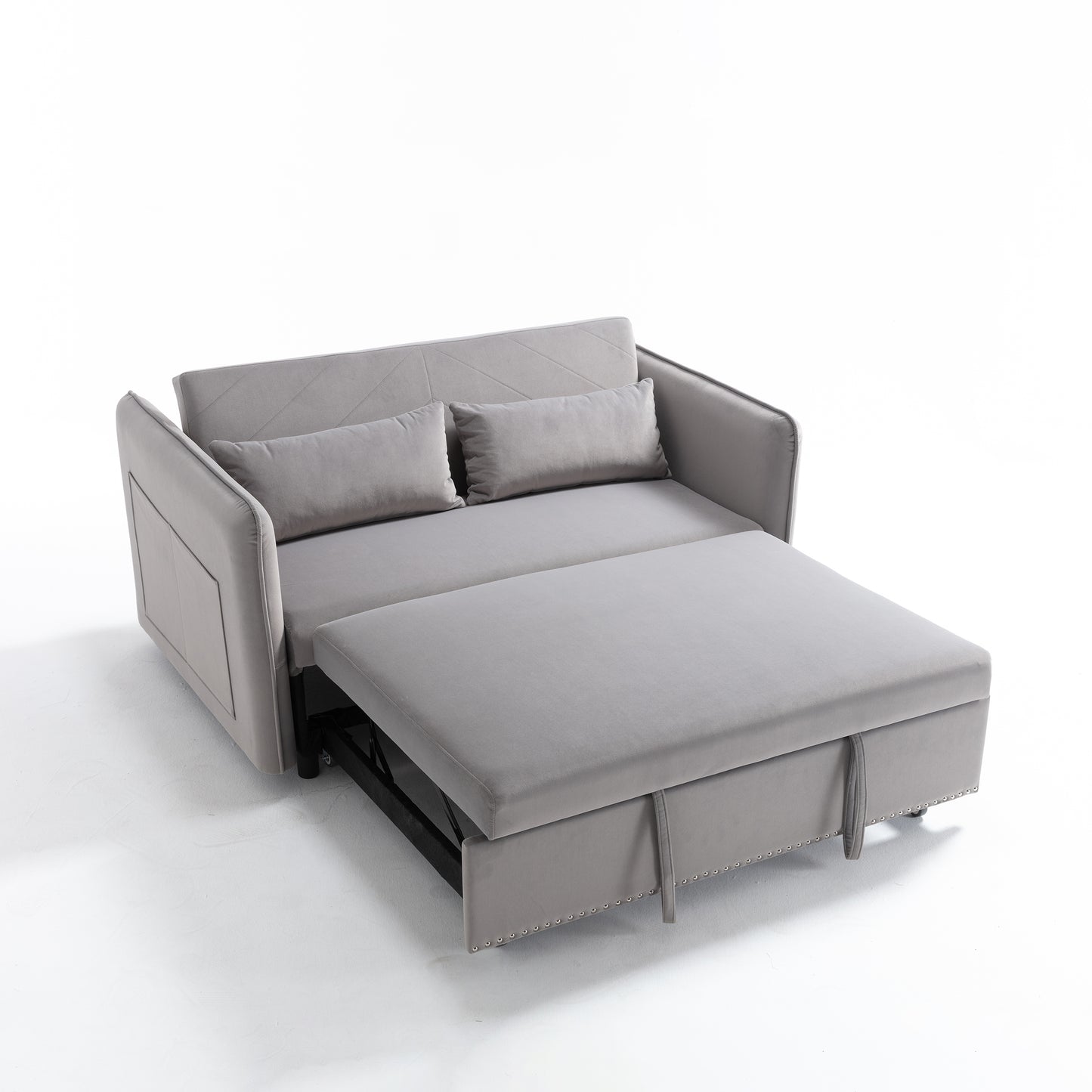 Velvet 3 in 1 Convertible Sleeper Futon Sofa Bed, Small Loveseat Lounge Couches with 2 Pillows, Reclining Backrest, Side Pockets