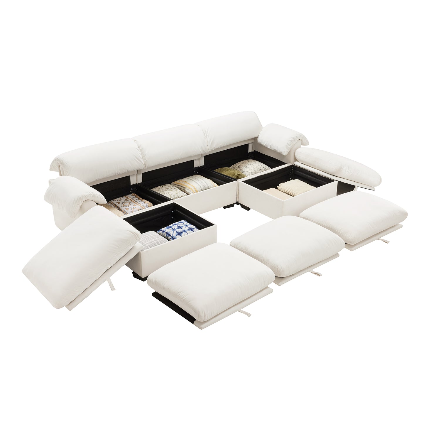 3 - 4 Seater Modular Sofa: U/L - Shape, Storage Ottomans, Velvet 2 Color