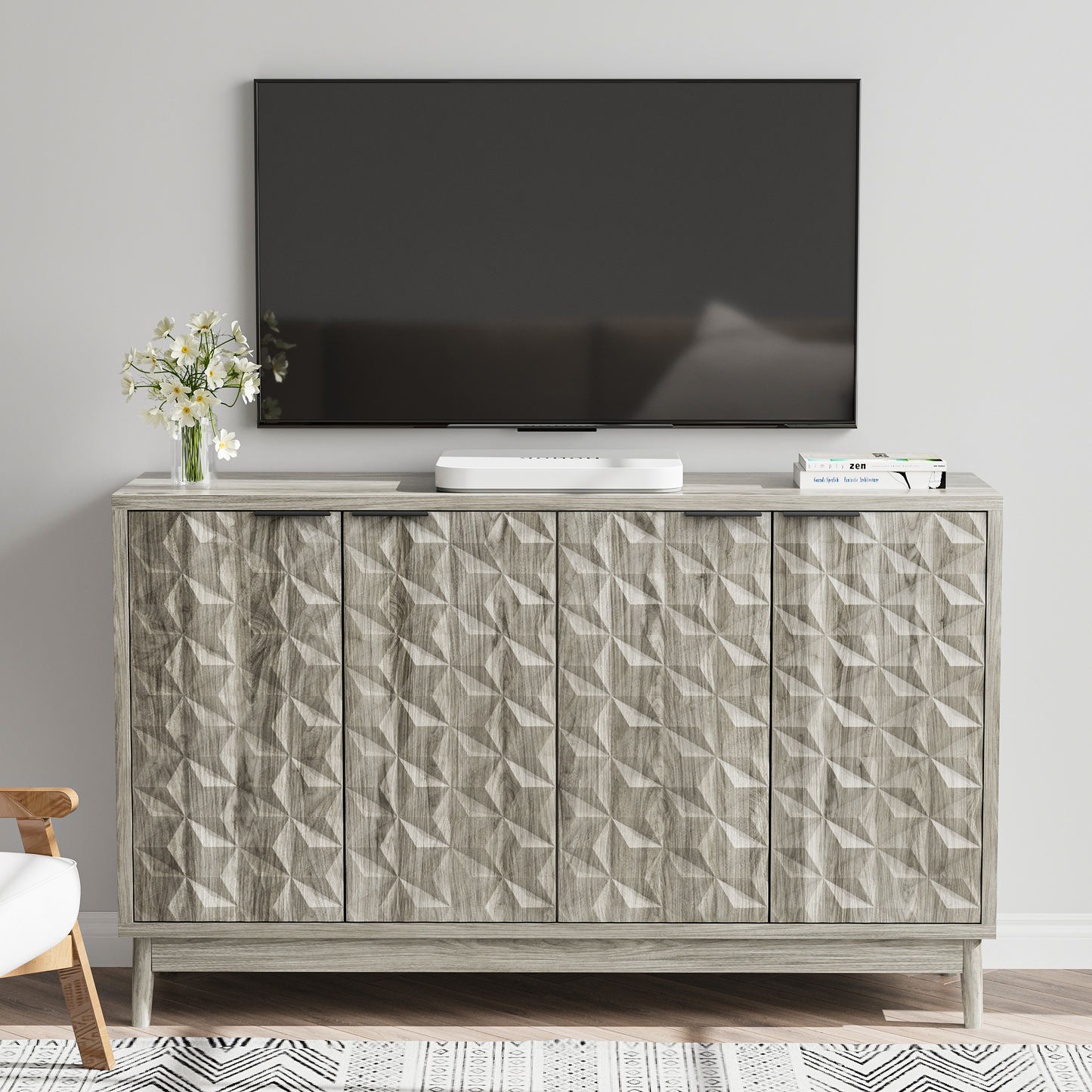 Carved 4 Door Sideboard,Multifunctional Accent Cabinet With Adjustable Layer Board For Living Room, Entryway, Hallway, Office, Kitchen and Dining Room