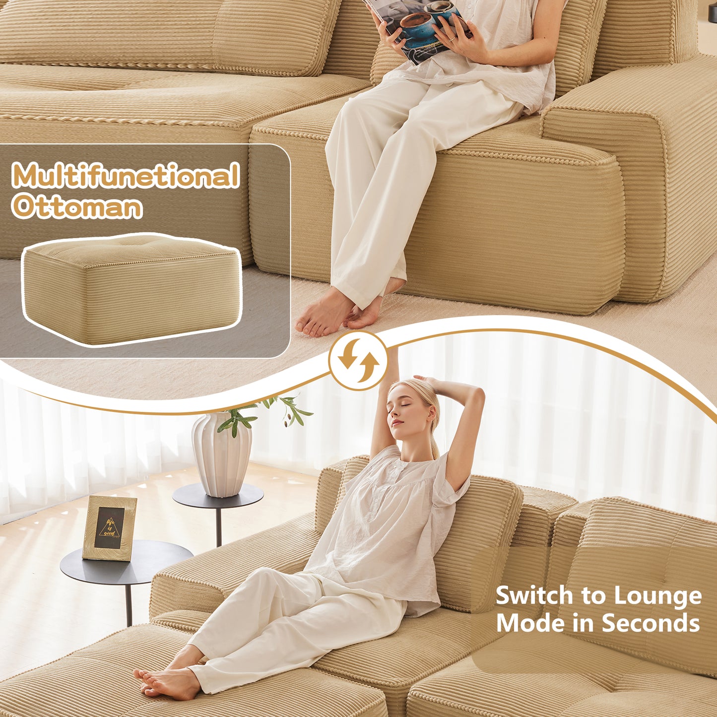 Modular Sectional Sofa for Living Room, Corduroy Fabric Deep Seat and Movable Ottoman, Pearl-like piping, Tufted Design, No Assembly