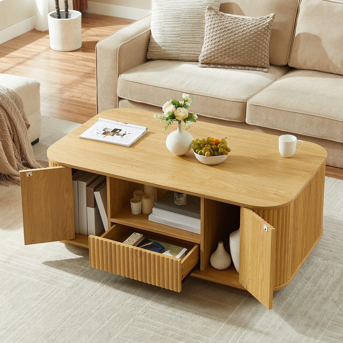 Modern Luxury Oval Coffee Table with Drawers & Storage – Curved Contour Design, Living Room Center Table