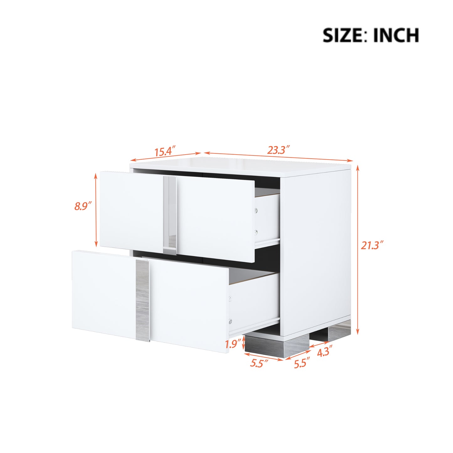 Nightstand with Metal Foot, Mirrored Bedside Table with 2 Drawers for Bedroom, Living Room