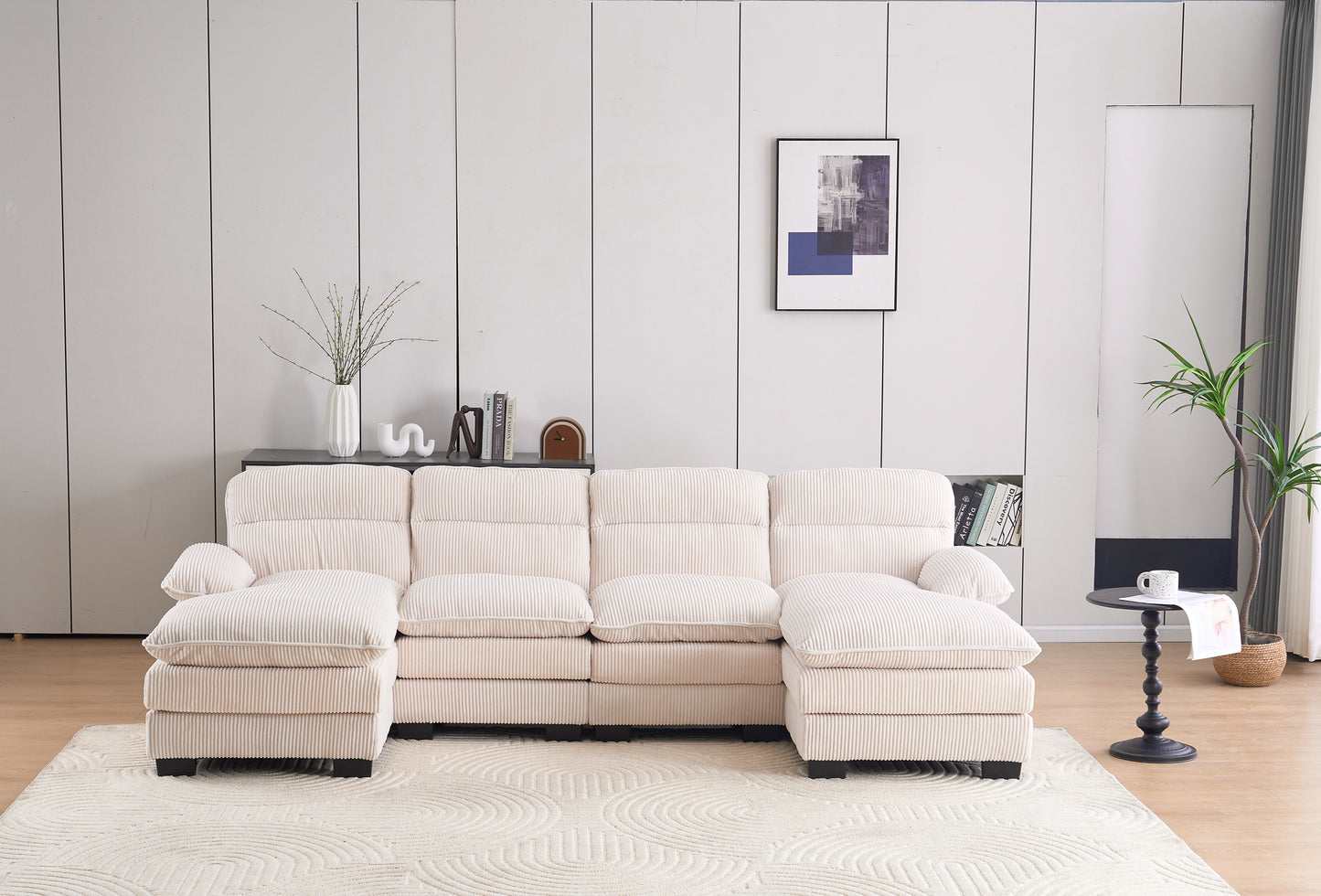 U - Shaped Corduroy Modular Sofa: 2 Single Seats + 2 Chaises for Spacious Comfort Beige