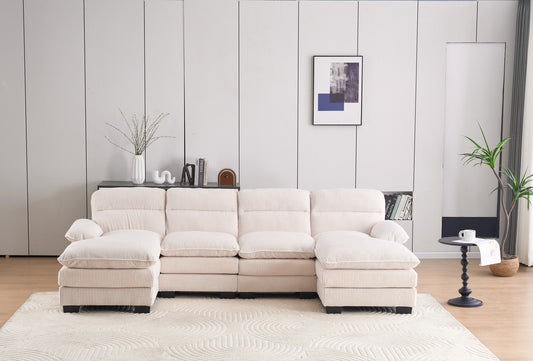 U - Shaped Corduroy Modular Sofa: 2 Single Seats + 2 Chaises for Spacious Comfort Beige