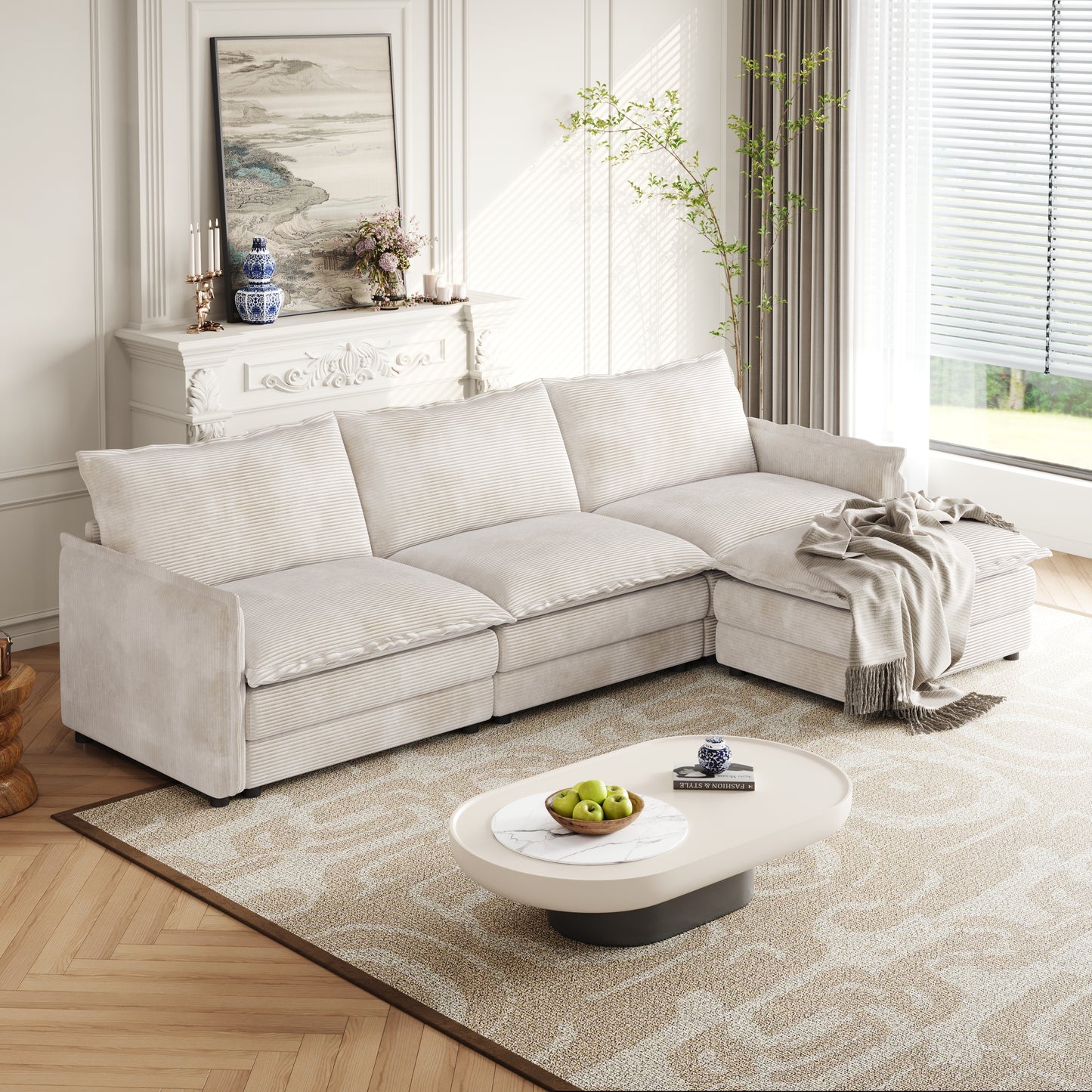 Corduroy fabric comfortable cloud sofa for living room 2 Seat - 4 Seat with ottoman