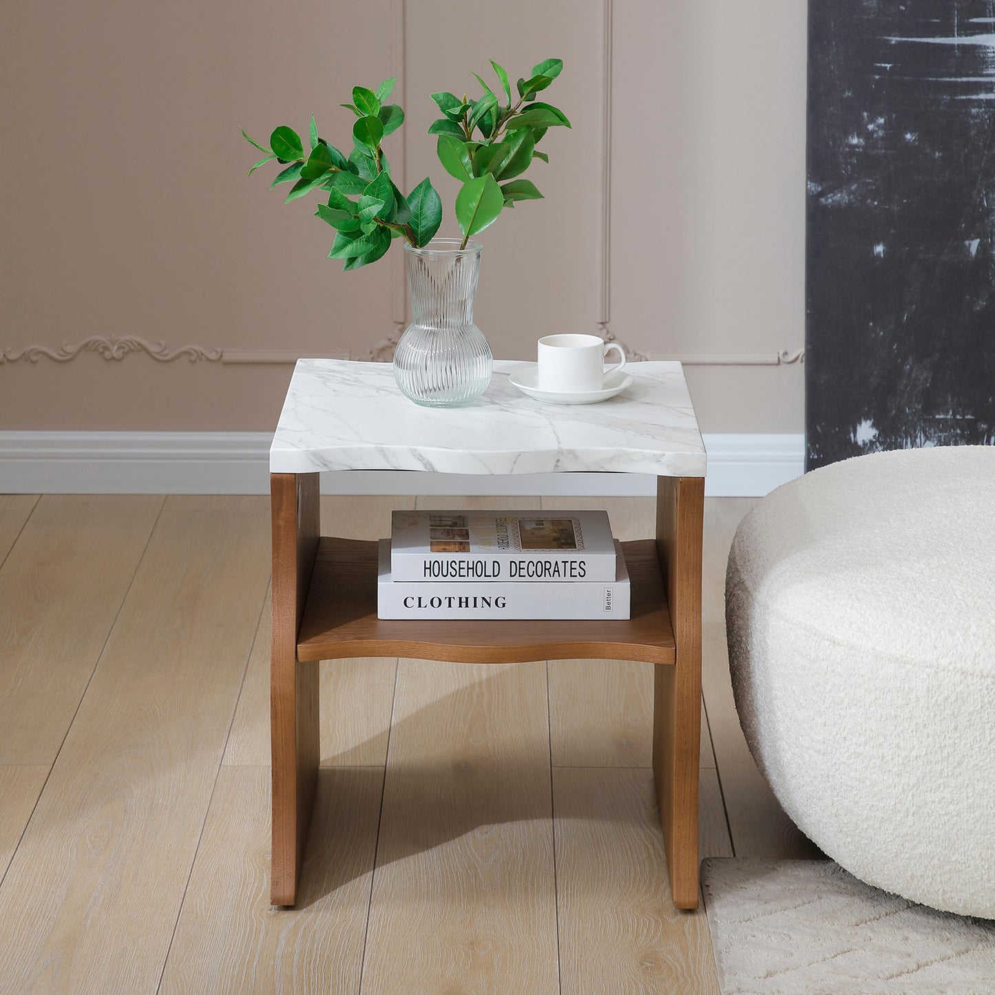 Modern Faux Marble Coffee Table  End Table Set | White Marble Top, Solid Wood Veneered Base – Flowing Wave Design, Natural/Walnut