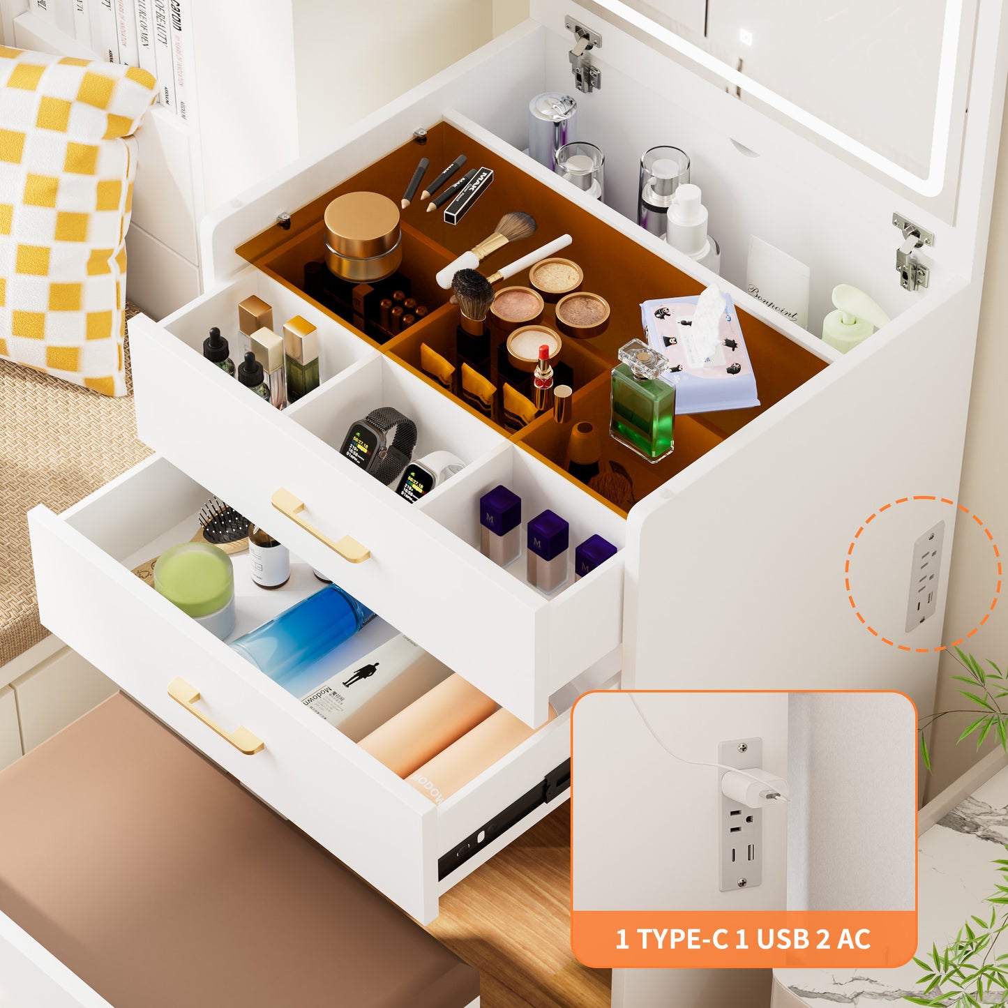 23.6'' Wide Makeup Vanity Table: Flip - Top Lighted, 3 - in - 1 with Storage Stool, Glass, LED, Power Outlet