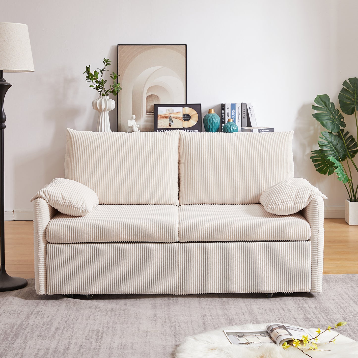 Sleeper Sofa Bed 3-in-1 Adjustable Sleeper with Pullout Bed, 2 Pillows and Side Pockets – Corduroy Loveseat