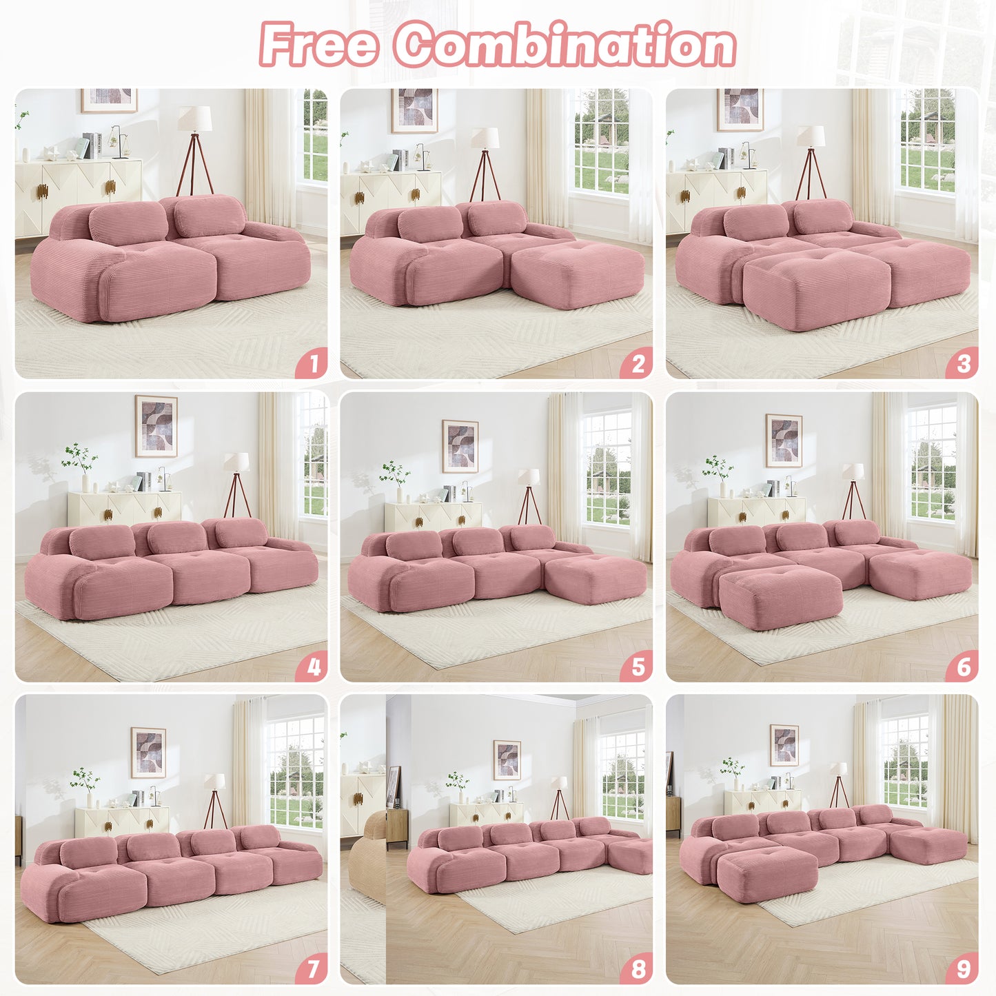 modular sofa no assembly breathable corduroy fabric 32D high-resilience sponge extra-wide curved armrests pet-friendly