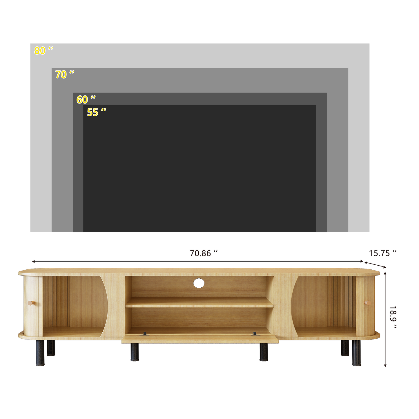 Modern Curved TV Stand for 80 - Inch TVs: Farmhouse - Style with Cable Management 3 Colors