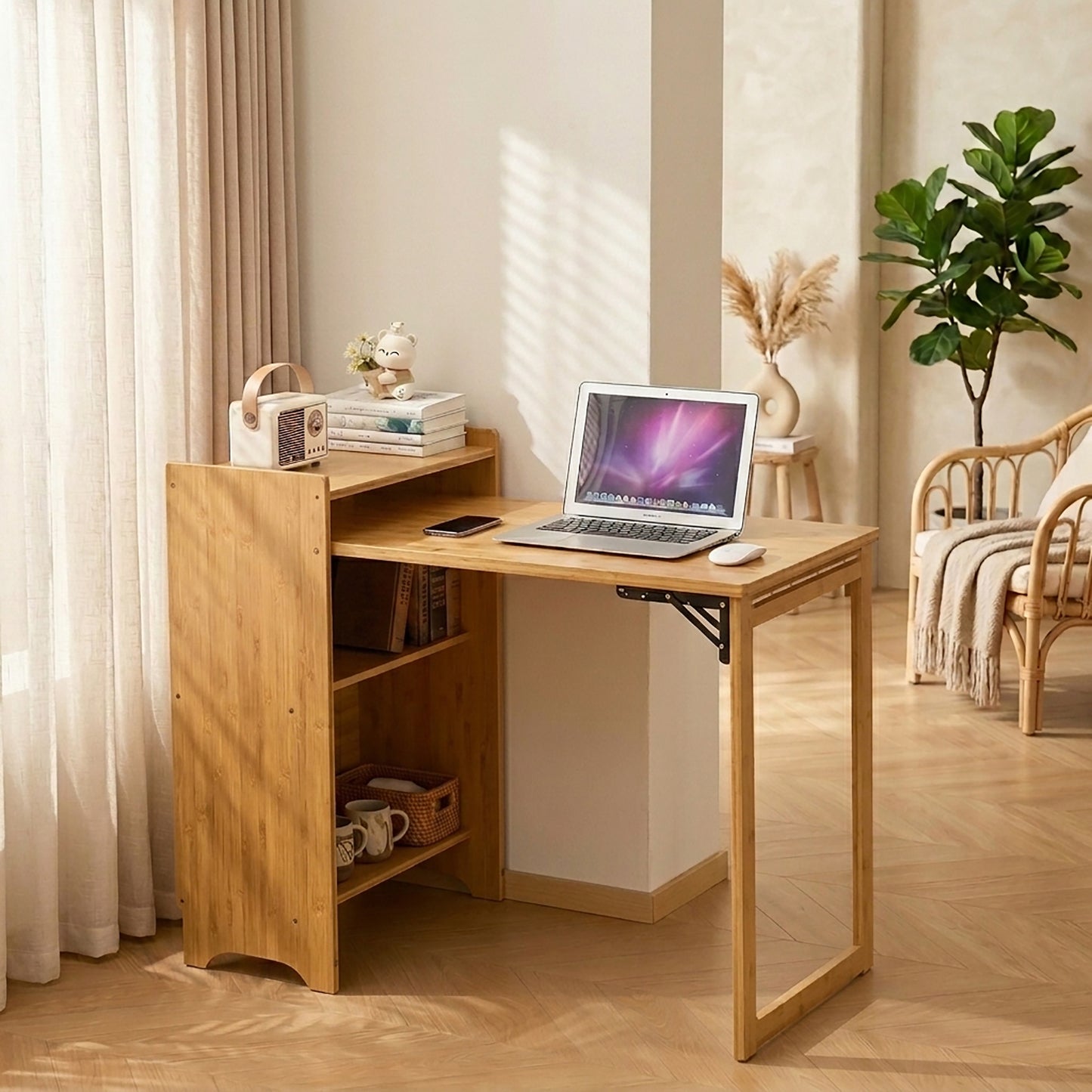 Foldable Desk Computer Desk with Hidden Storage for Small Space | Bamboo Folding Table – Natural/Walnut