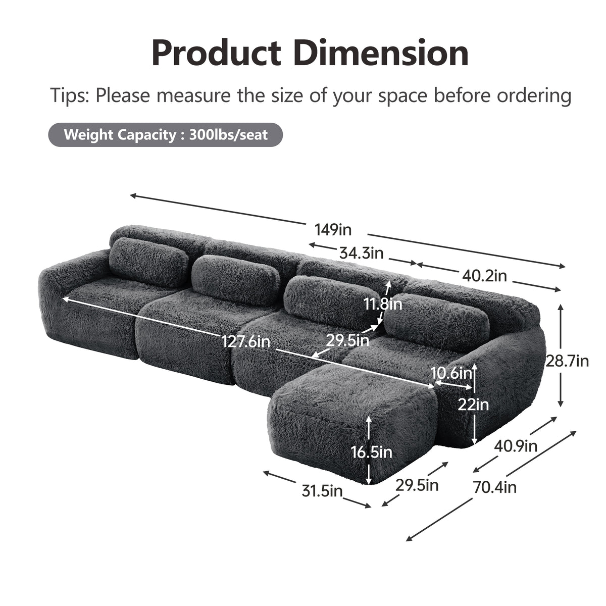 2-4 Seat Soft  Fluffy Plush Boneless Sofa – Modular Sectional with Throw Pillows, 32D High-Density Sponge, No Assembly, Anti-Slip Buckle Connection