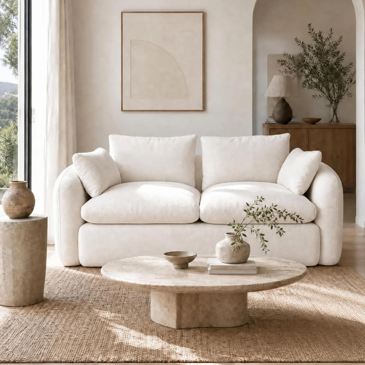 Fully Sponge Compressed Sectional Sofa – High Resilience Foam, White Chenille, Modular Loveseat/ L-Shaped Sofa