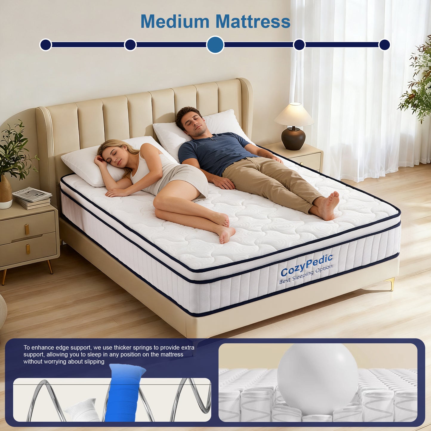 Medium Firm Mattress, Memory Foam with Pocket Springs for Back Pain Relief & Pressure Relief, Cooling Antibacterial Cover, CertiPUR-US Certified