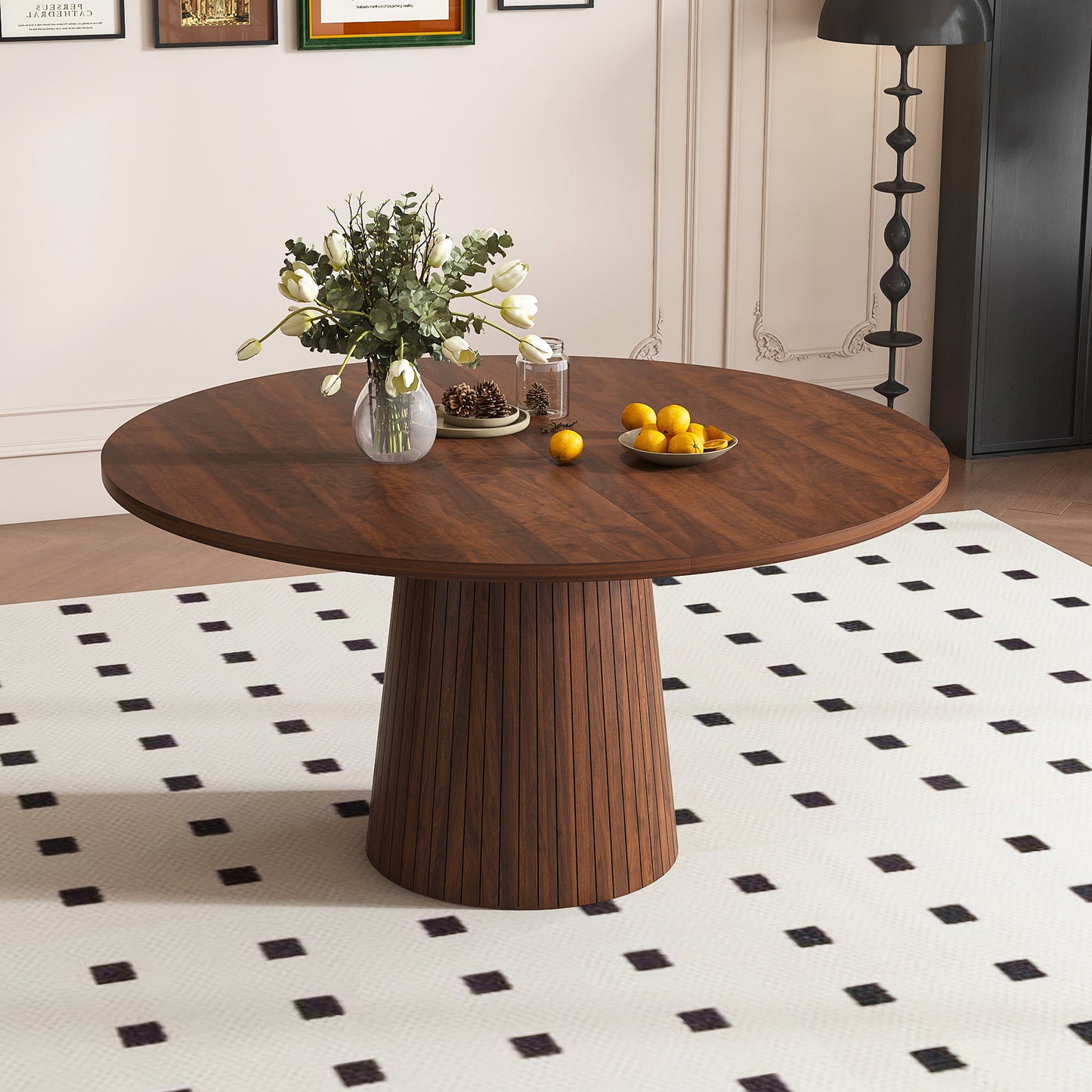 Round MDF Dining Table Modern Farmhouse Kitchen Table with Wood Strip Base