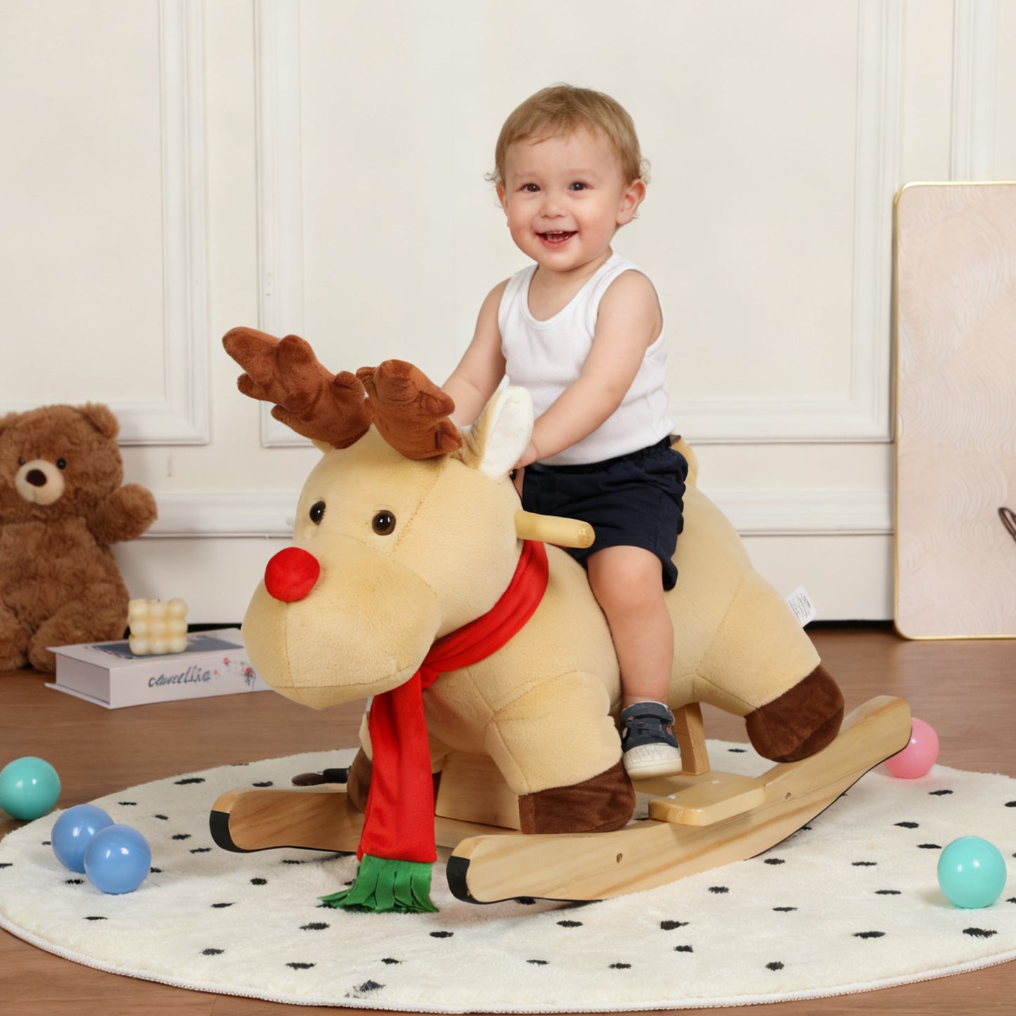 Moose Rocking Toy with Hand Puppets and Safety Belt for Children 1-3 Years