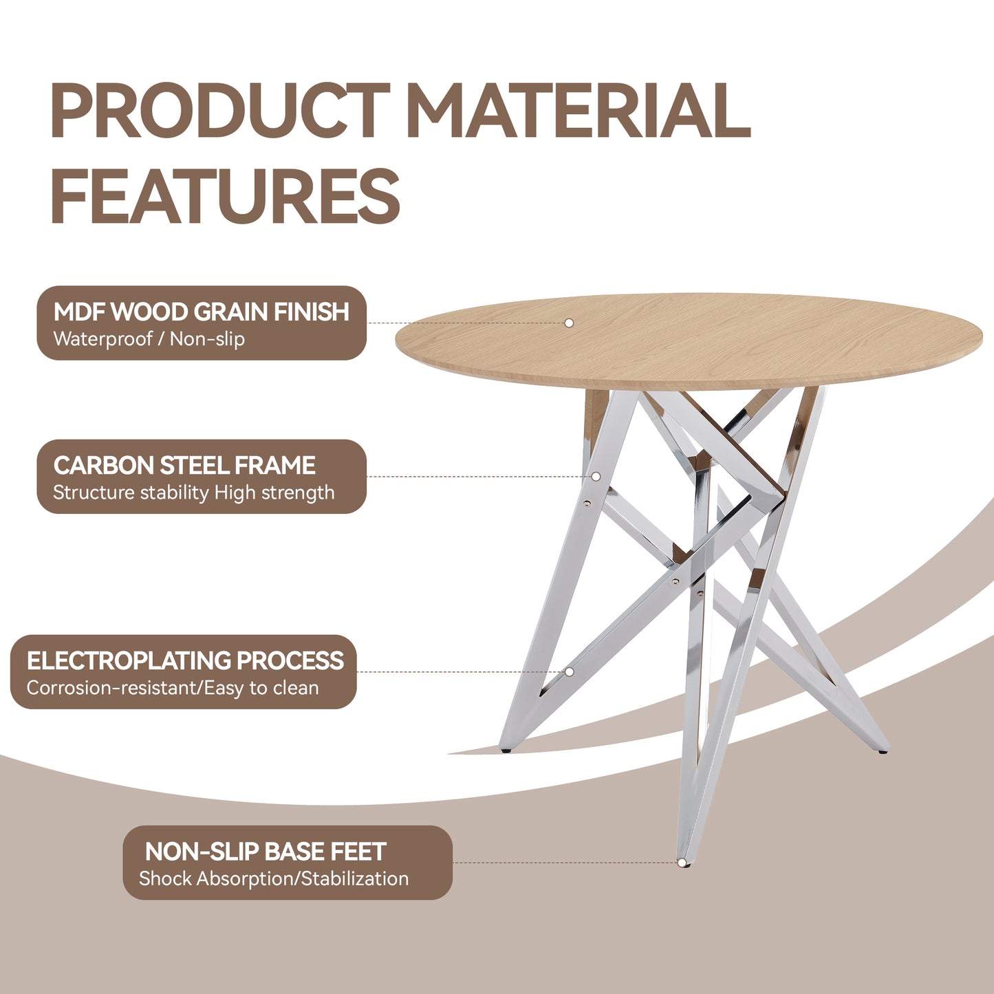37 Inch Round Dining Table, Small Round Kitchen Table With Silver Metal Legs, Suitable For 2 To 4 People