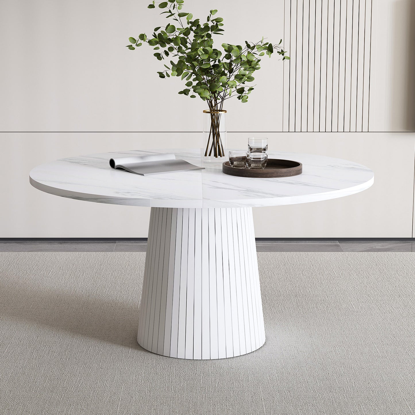 Round MDF Dining Table Modern Farmhouse Kitchen Table with Wood Strip Base