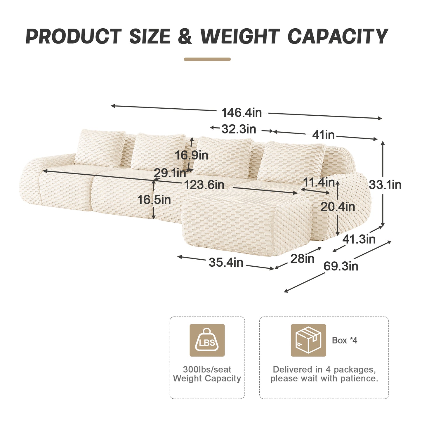 Modular Sectional Sofa for Living Room,Flannelette Fabric,Oversized 2-4 Seater Couch,Deep Seat,Boneless sofa