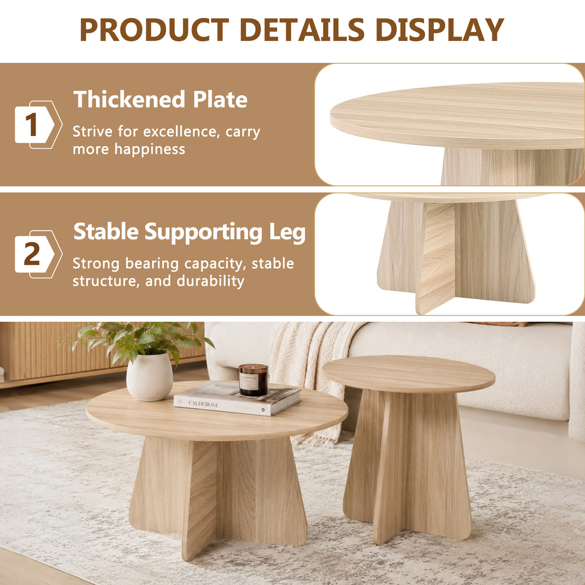 Retro-Style Nesting Coffee Table Set – Walnut or Natural Wood Finishes, Round Side Tables with Crisscross Legs