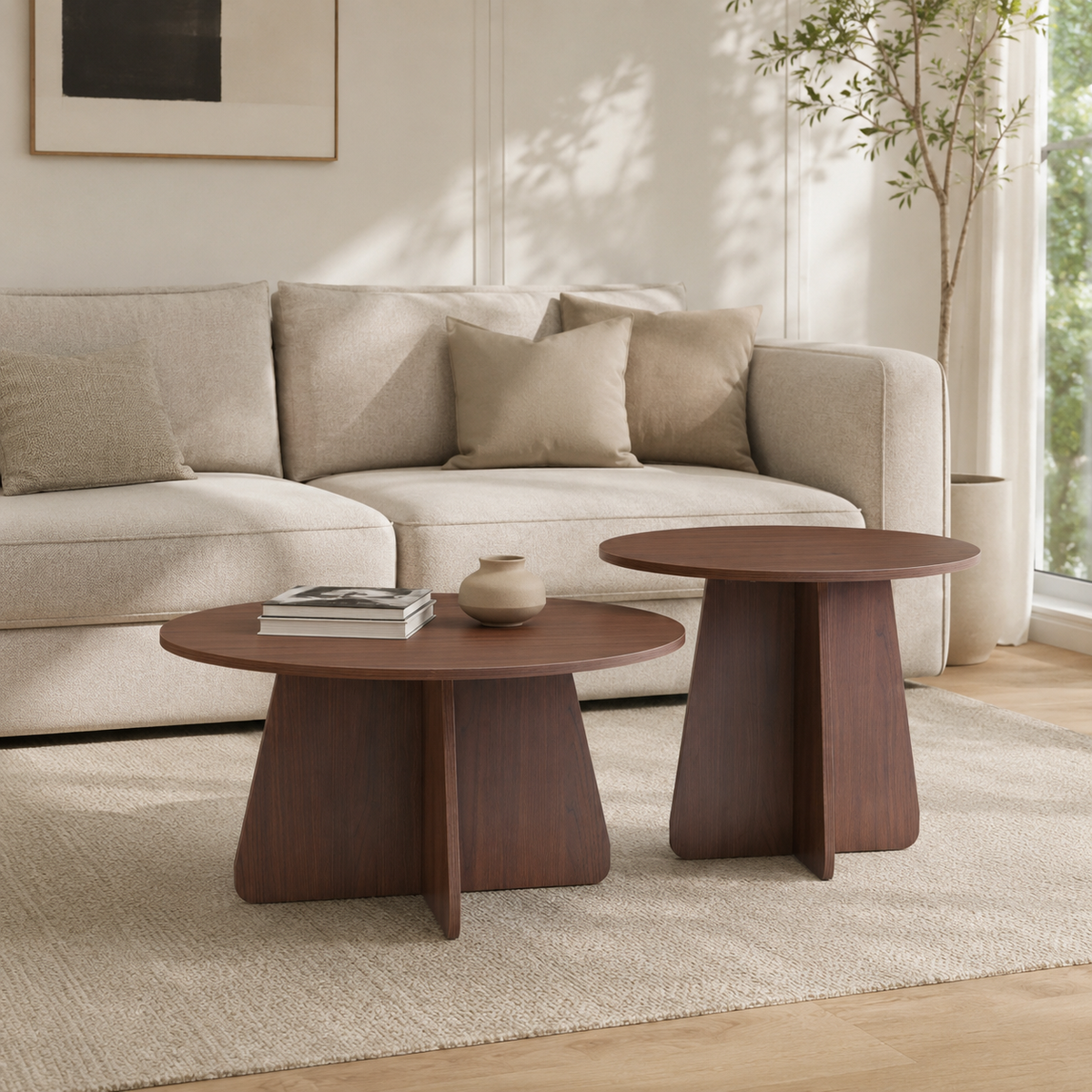 Retro-Style Nesting Coffee Table Set – Walnut or Natural Wood Finishes, Round Side Tables with Crisscross Legs