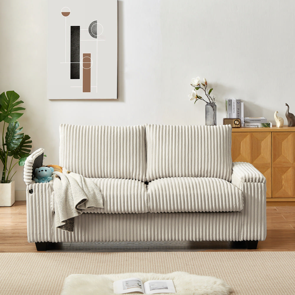 Plush Corduroy Loveseat Sofa  With Square Storage Armrest USB port