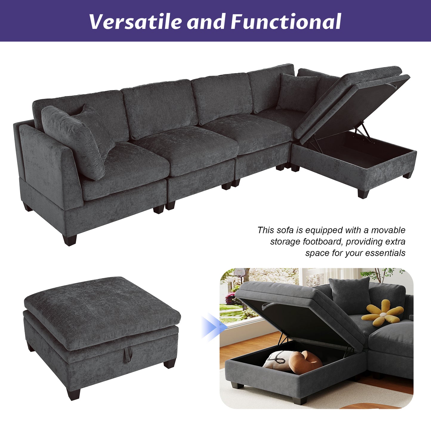 5-Seater Sectional Sofa - Upholstered, Storage Ottoman