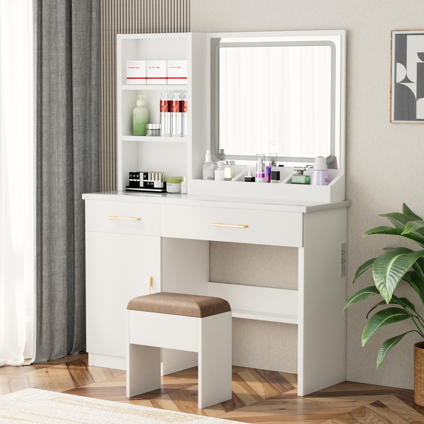 32'' Wide Makeup Vanity Desk: Lighted Mirror, Power Outlet, Ample Storage & Cushioned Stool for Bedroom & Studio