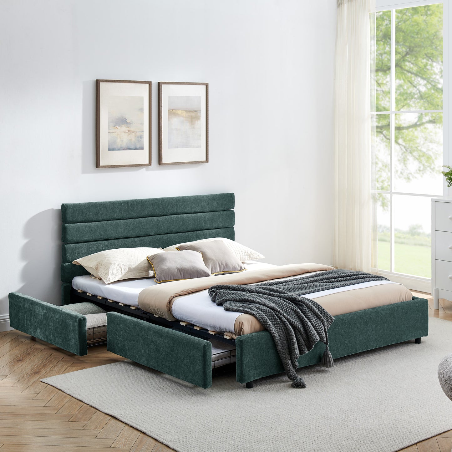 Comfortable Cushioned Bed Frame with Drawers: Headboard & Solid Build 3Colors