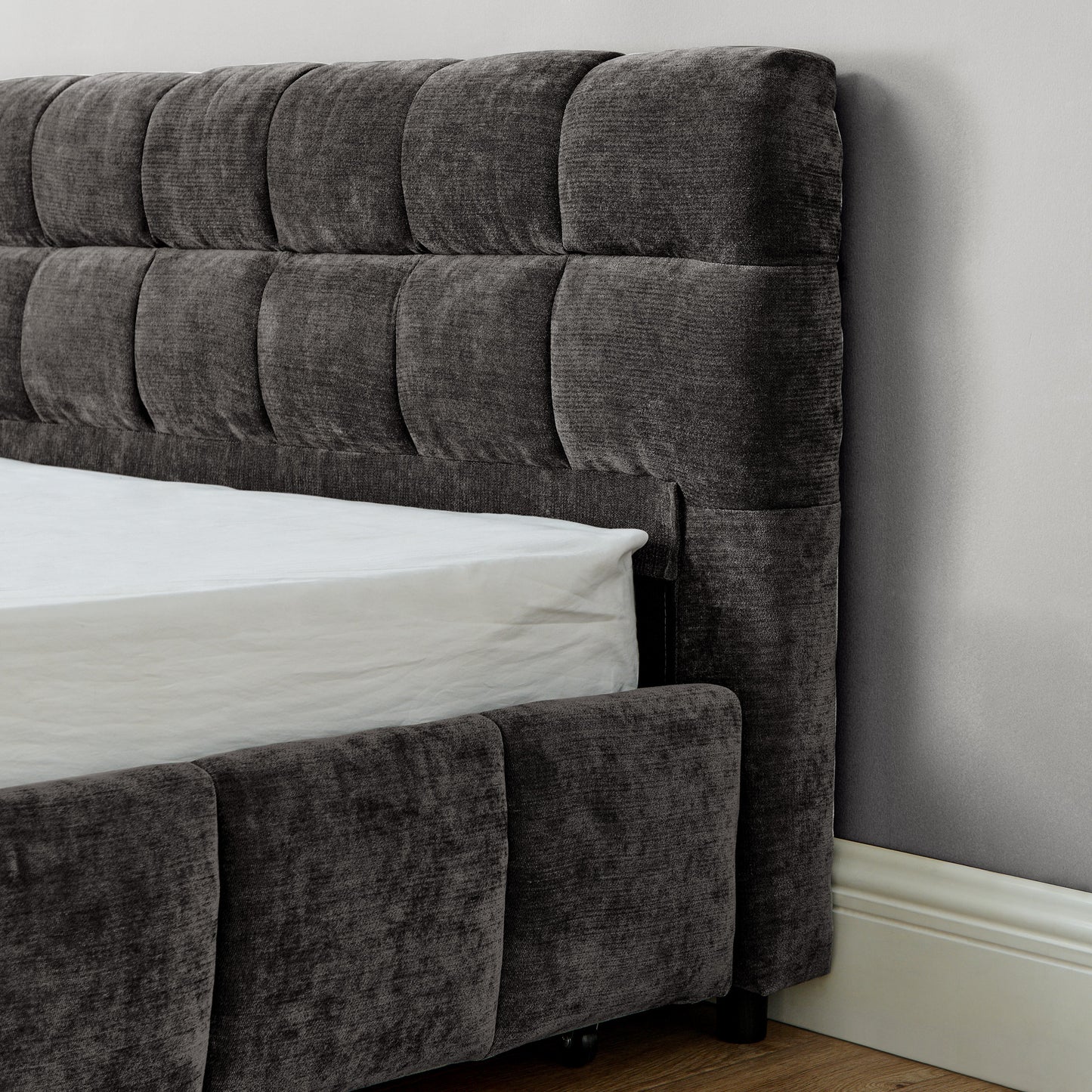 California King size Upholstered Bed Frame, Chenille fabric with headboard and solid bed frame. With drawer for storage