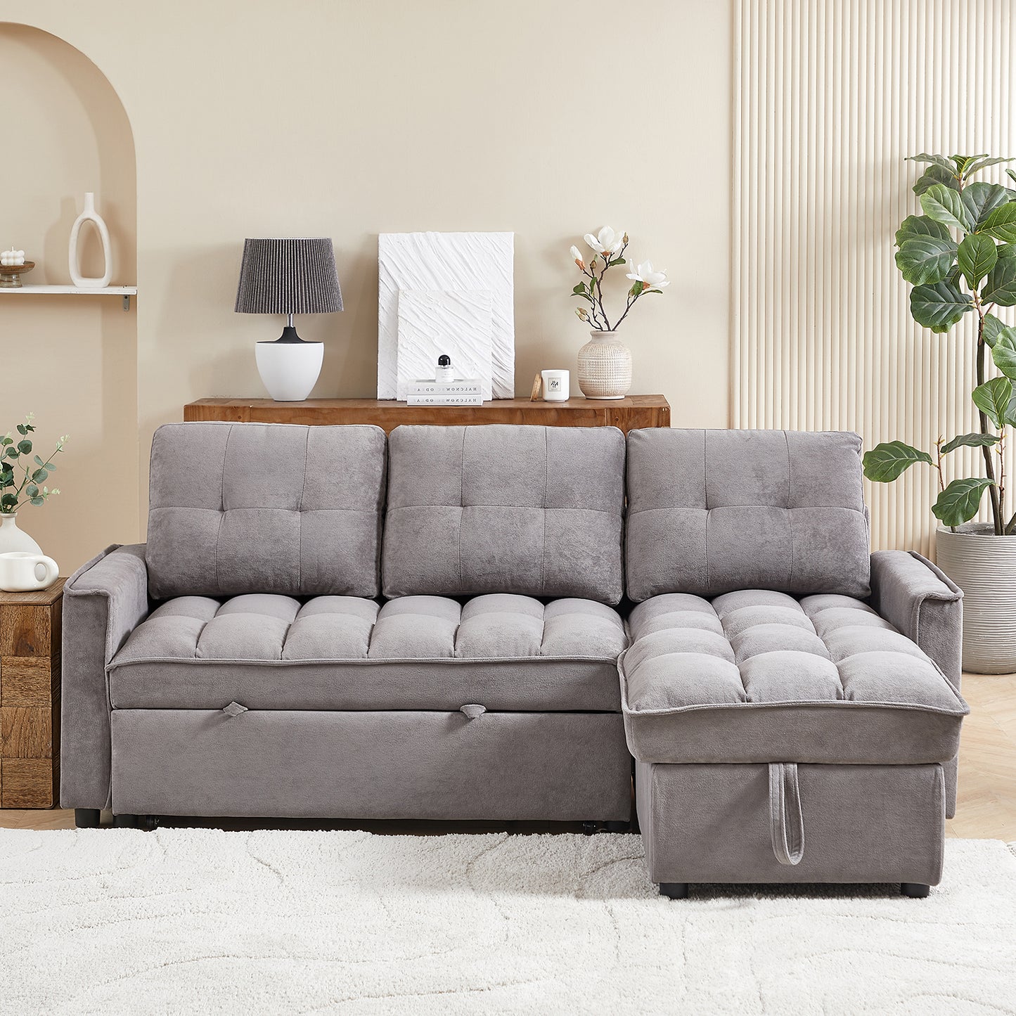 Pull-Out Sofa Bed with USB and tape-c charging ports, L-Shaped Sectional Sofa with Reclining Storage and Arm Side Organizer Pocket Features