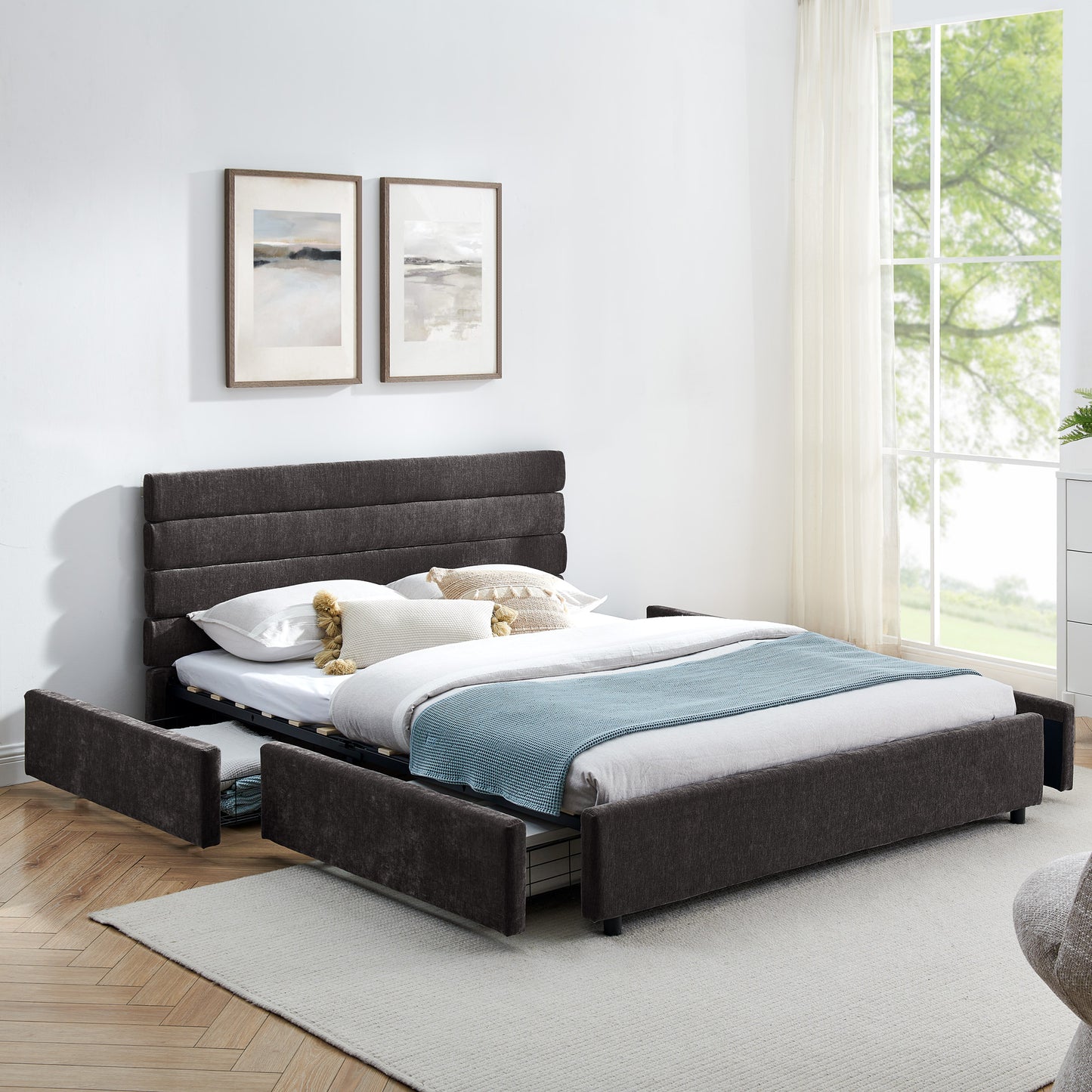 Comfortable Cushioned Bed Frame with Drawers: Headboard & Solid Build 3Colors