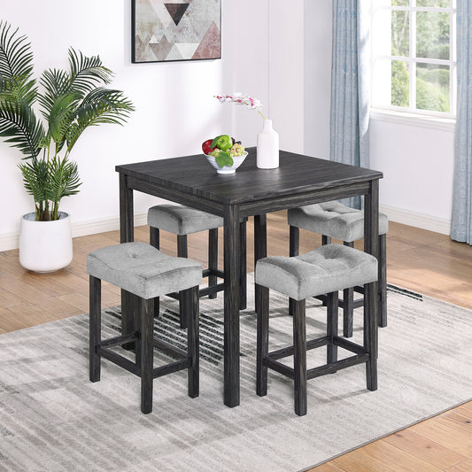 5-Piece Dining Table Set | Industrial Square Table + 4 Bar Stools – Black/Gray/Brown, Space-Saving, Easy Assembly