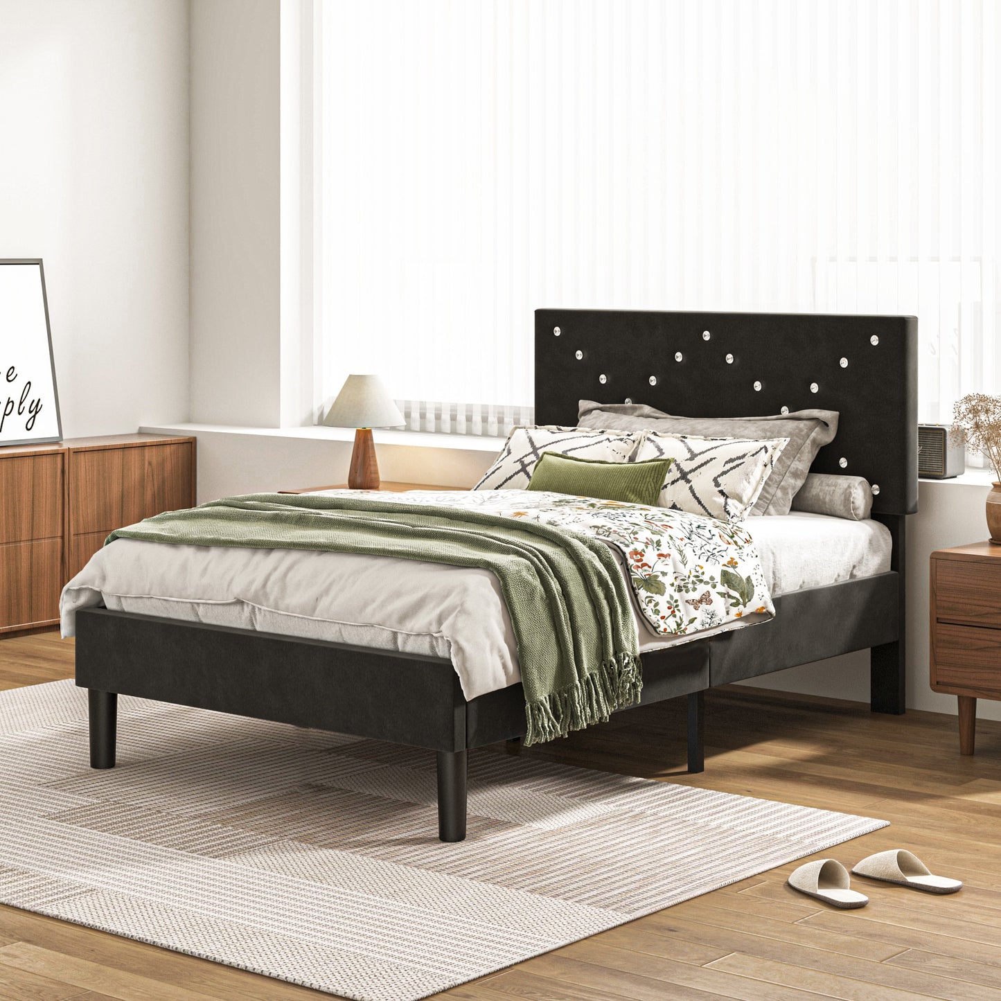 Modern Platform Bed Frame with Upholstered Headboard and Wooden Slats - Skip Box Spring, Easy Assembly