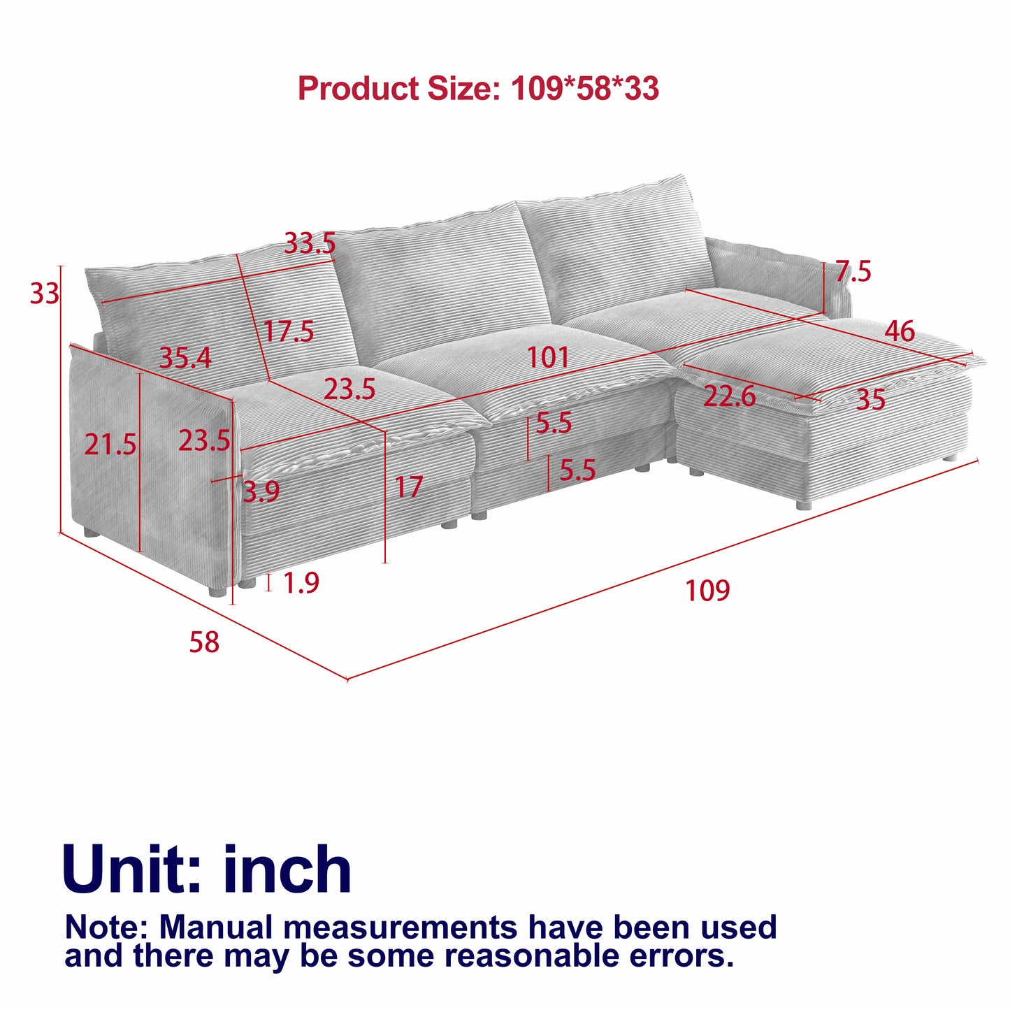 Corduroy fabric comfortable cloud sofa for living room 2 Seat - 4 Seat with ottoman