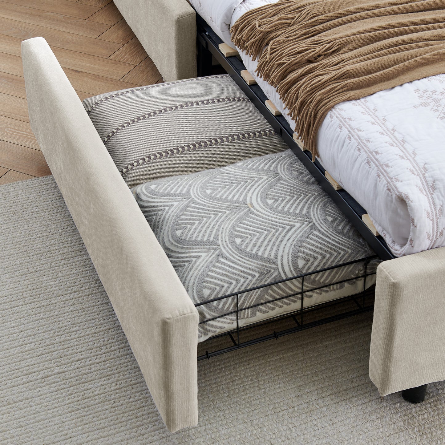 Comfortable Cushioned Bed Frame with Drawers: Headboard & Solid Build 3Colors