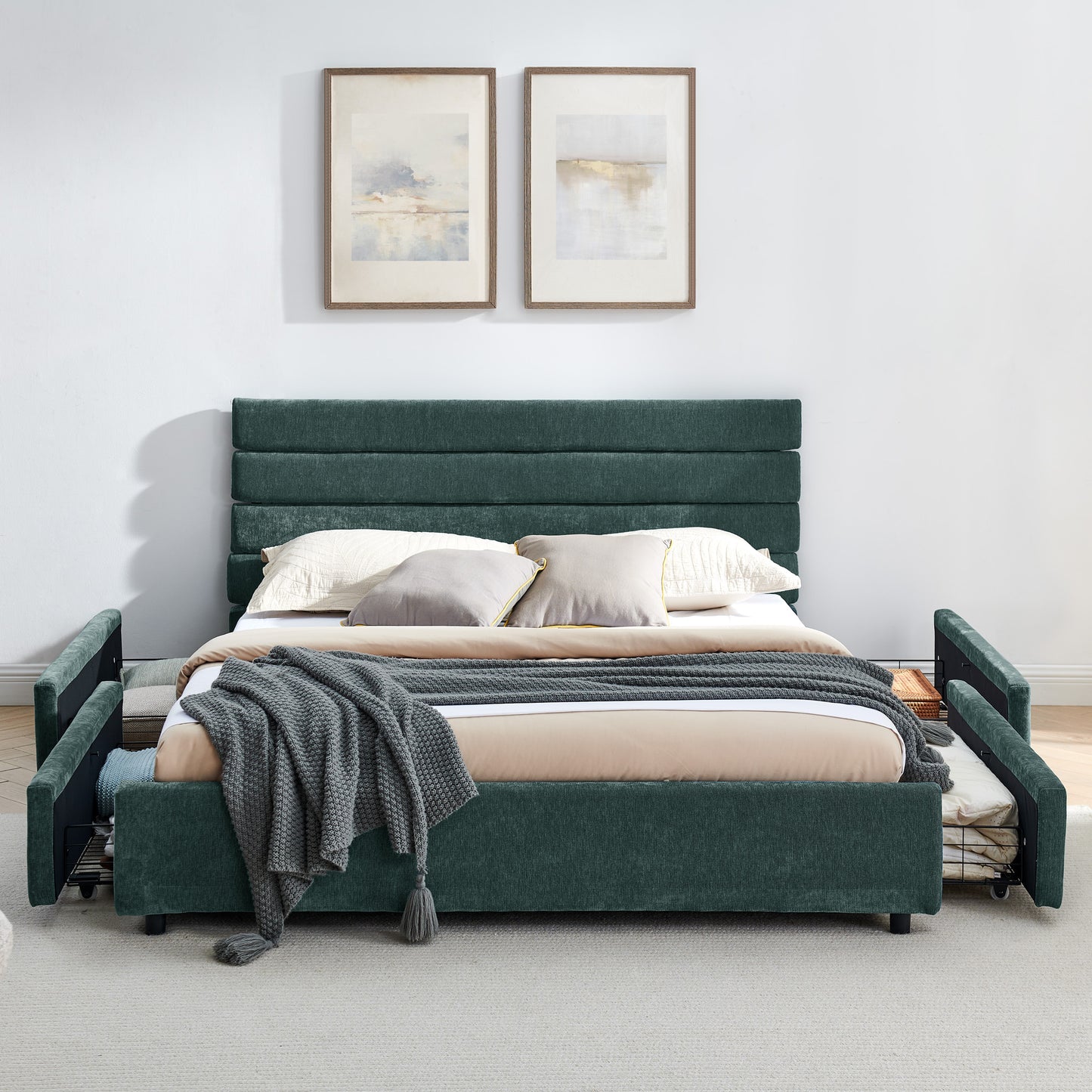 Comfortable Cushioned Bed Frame with Drawers: Headboard & Solid Build 3Colors