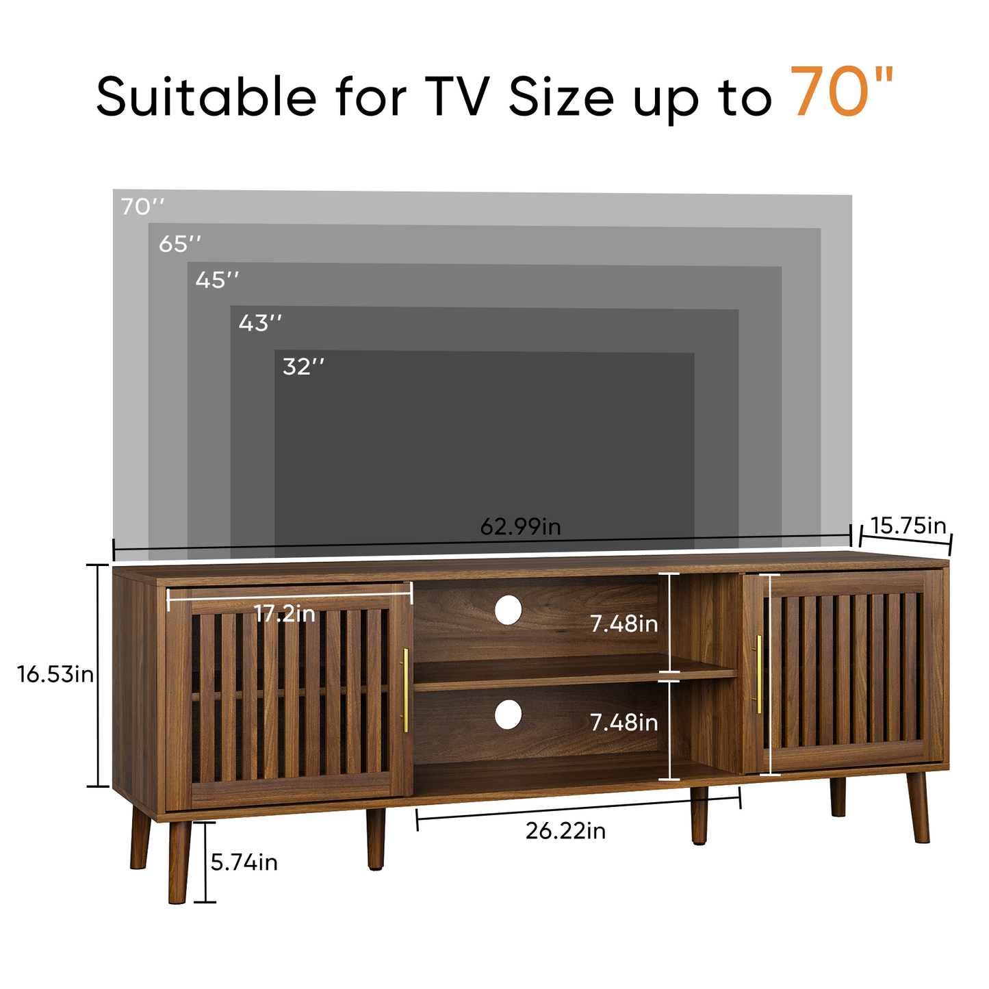 63 - Inch TV Stand with 2 Grille Door Cabinets and Adjustable Storage Rack - Ideal for 55/65/70 - Inch TVs in Medieval Modern Interiors - Walnut Wood Entertainment Center