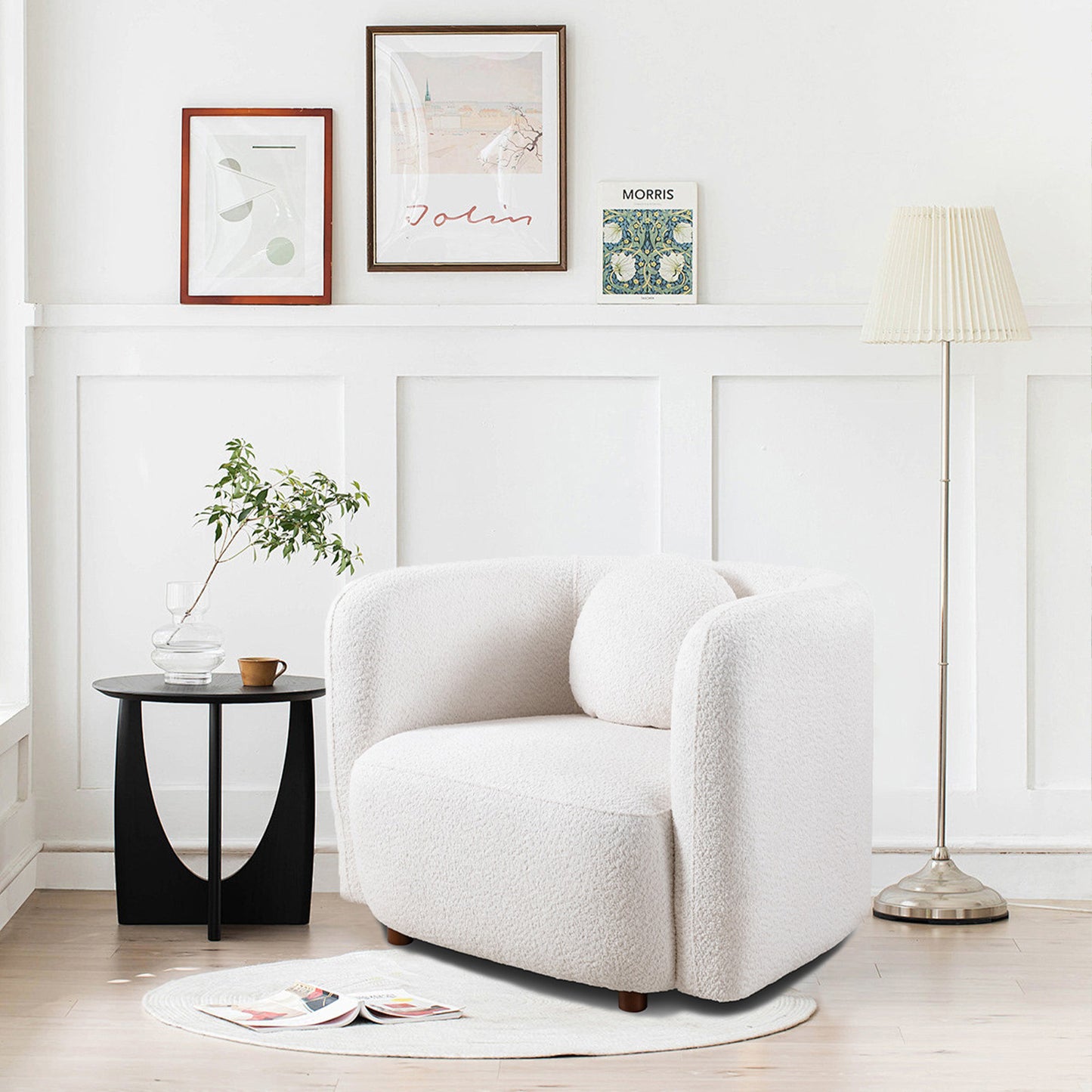 Accent Square Sofa Chair: Boucle - Upholstered Japandi Style for Living Room White
