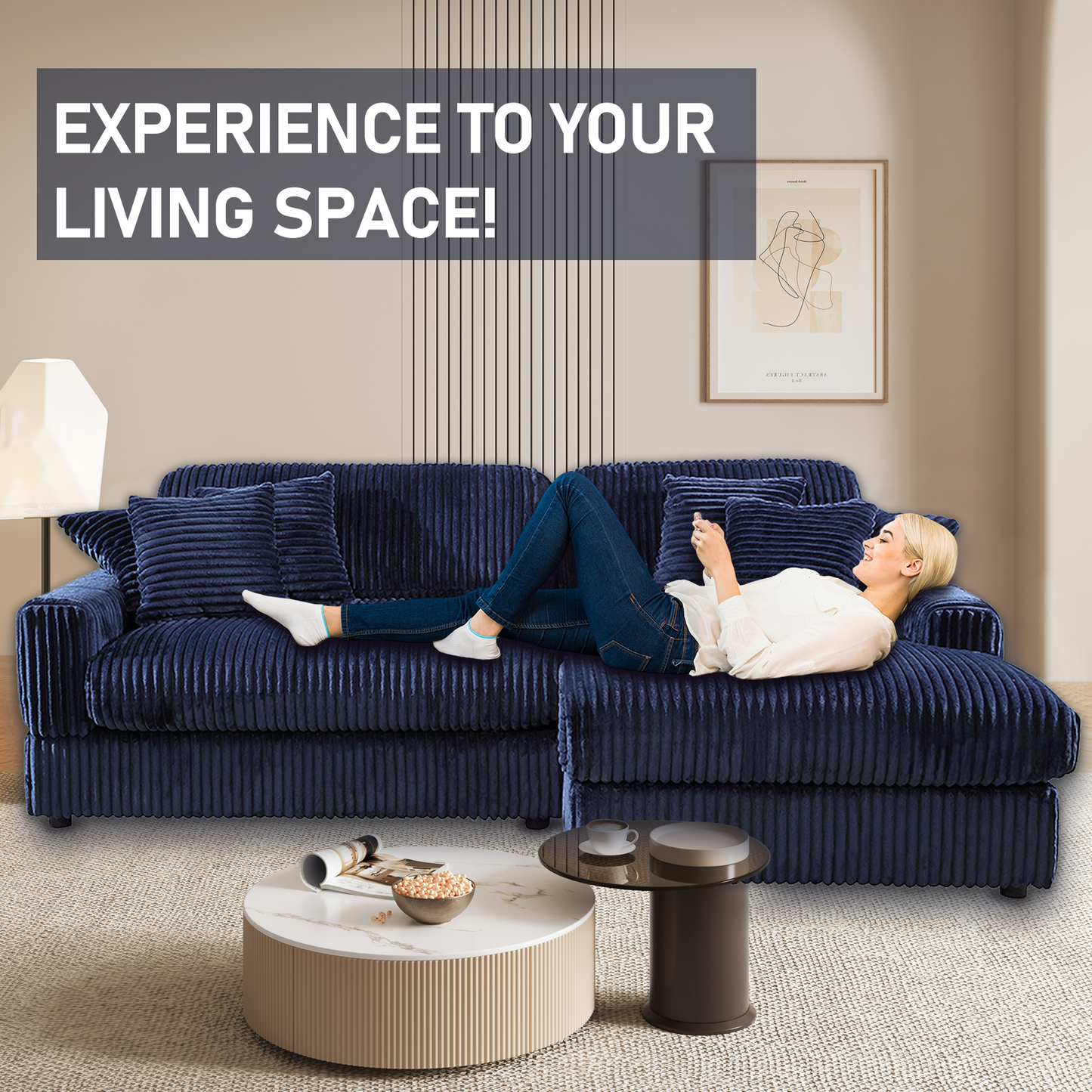 Corner Sleeper Sofa with 6 Pillows: Modern Corduroy, Deep Seat for American Living Rooms