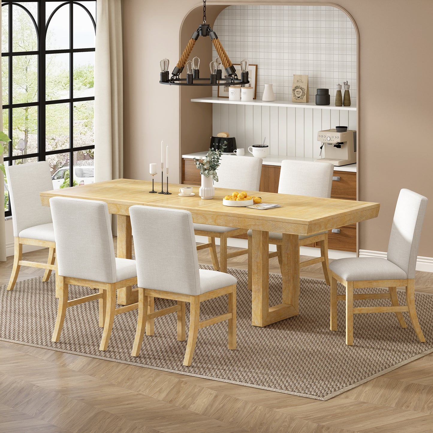 7-Piece Dining Table Set with 72" Extendable Table & 6 Upholstered Chairs