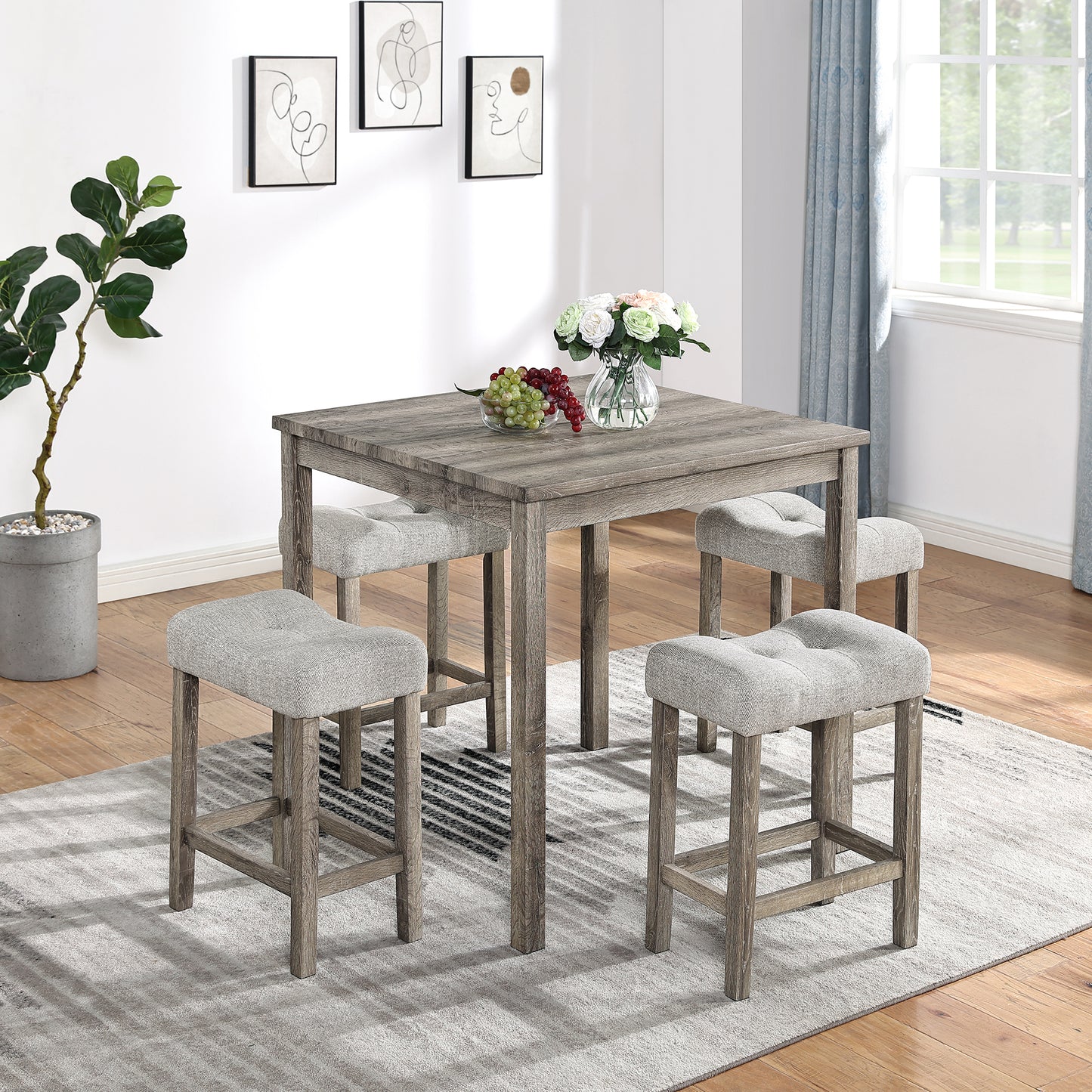 5-Piece Dining Table Set | Industrial Square Table + 4 Bar Stools – Black/Gray/Brown, Space-Saving, Easy Assembly